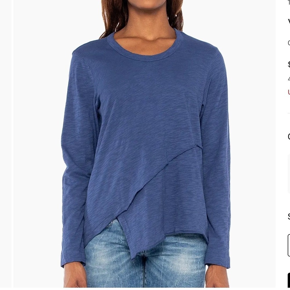 Wilt Crew Long‎ Sleeve Easy Crossover Hem Top 100% Cotton, Midnight Blue, Small